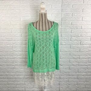 Umgee Sheer Green Open Weave Knit Tunic with Lace